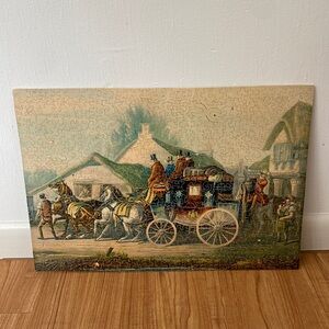Antique wooden puzzle art with horse drawn carriage and cottages
